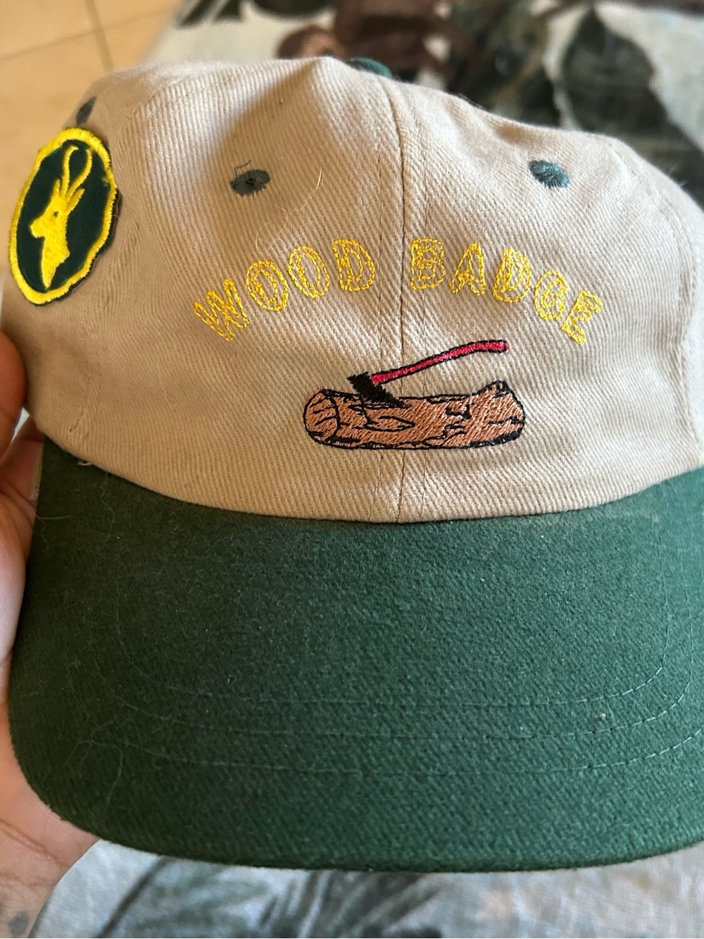 Wood badge hat adult size log axe green brim cap #96